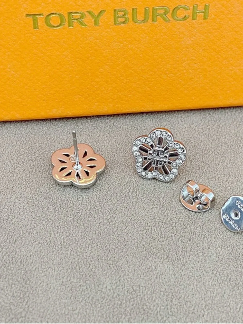 Tory Burch Silver-Tone Crystal Flower Stud Earrings